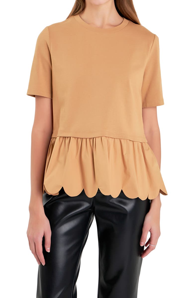 English Factory Mixed Media Scallop Peplum Cotton Top, Main, color, Tan