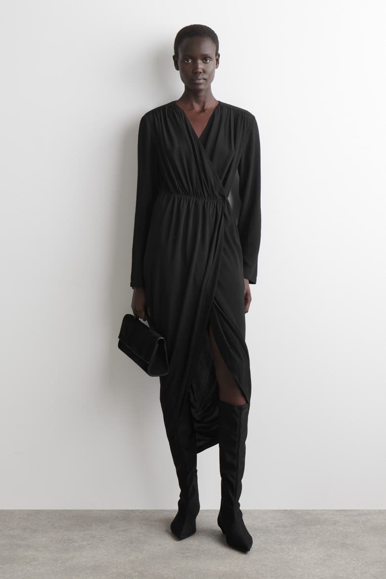 Gathered Midi Wrap Dress, Main, color, BLACK