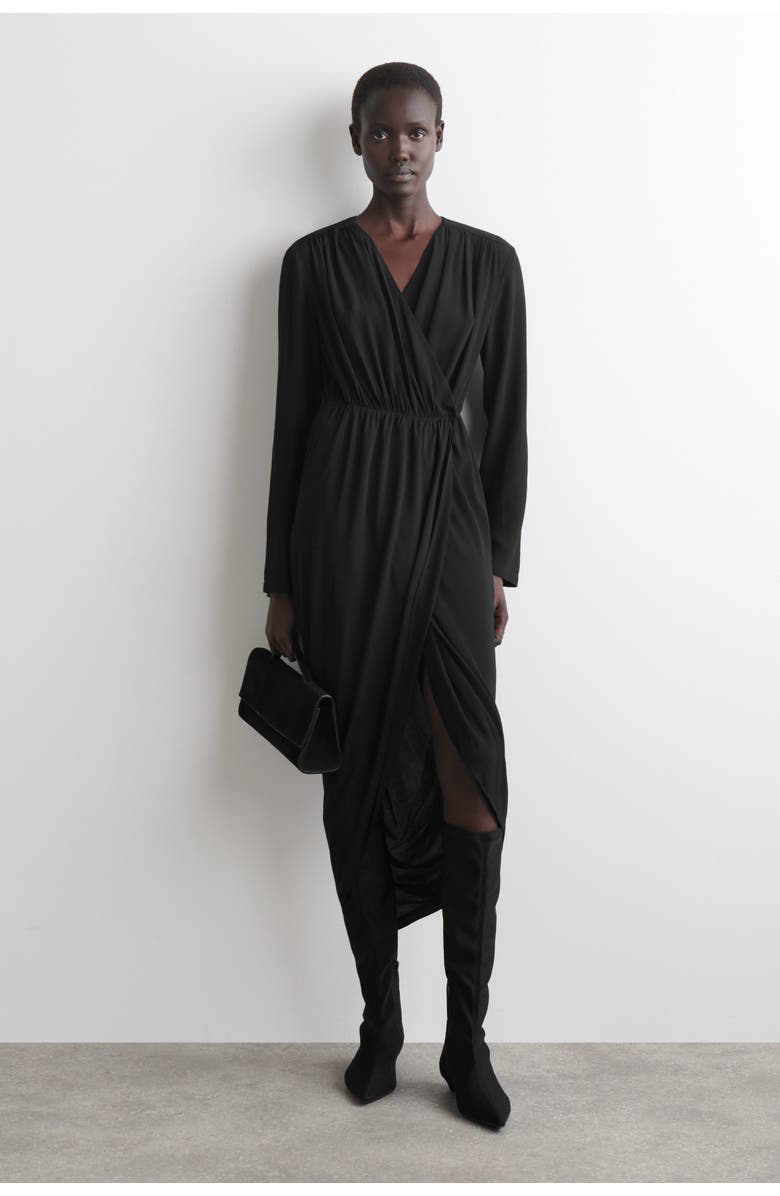 COS Gathered Midi Wrap Dress, Main, color, Black