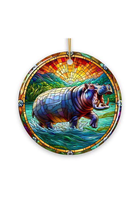 Mighty Hippo Stained Glass Style Ceramic Ornament