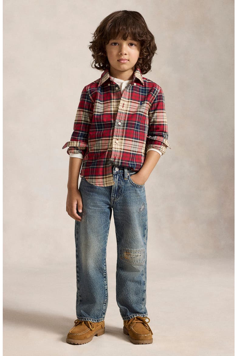 Kids' Cotton Oxford Button-Down Shirt, Alternate, color, RED NAVY MULTI
