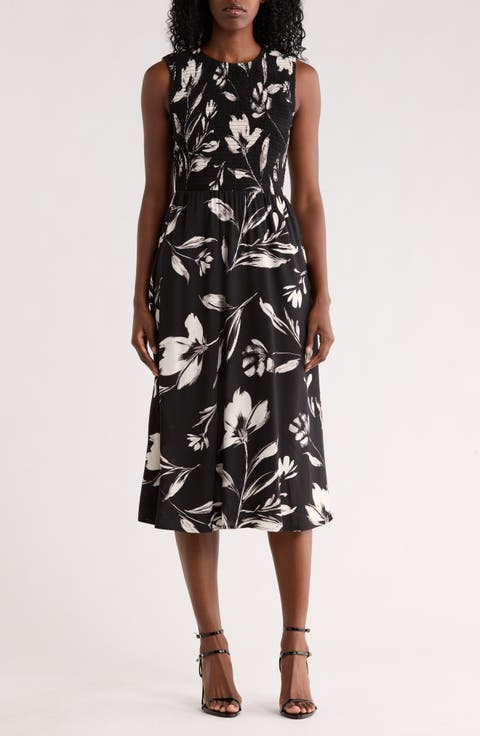 Smocked Sleeveless Fit & Flare Midi Dress