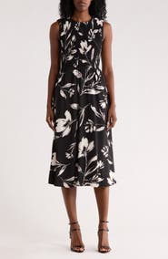 Calvin Klein Smocked Sleeveless Fit & Flare Midi Dress