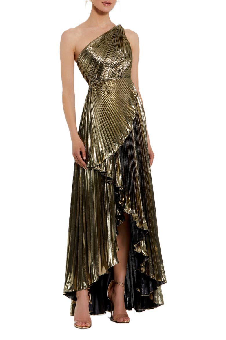 Pleated Metallic One Shoulder High Low Gown, Main, color, Gold