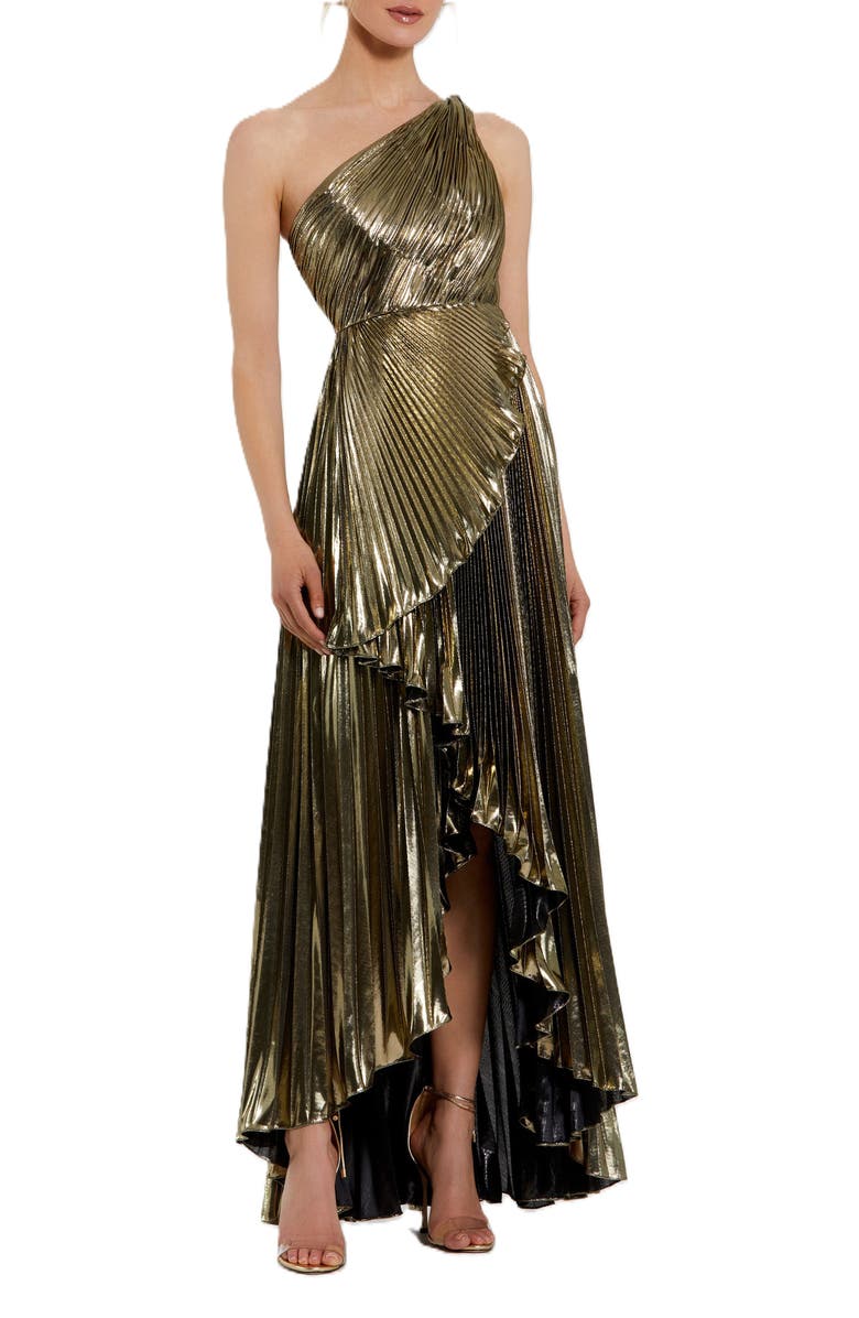 Mac Duggal Pleated Metallic One Shoulder High Low Gown, Main, color, Gold