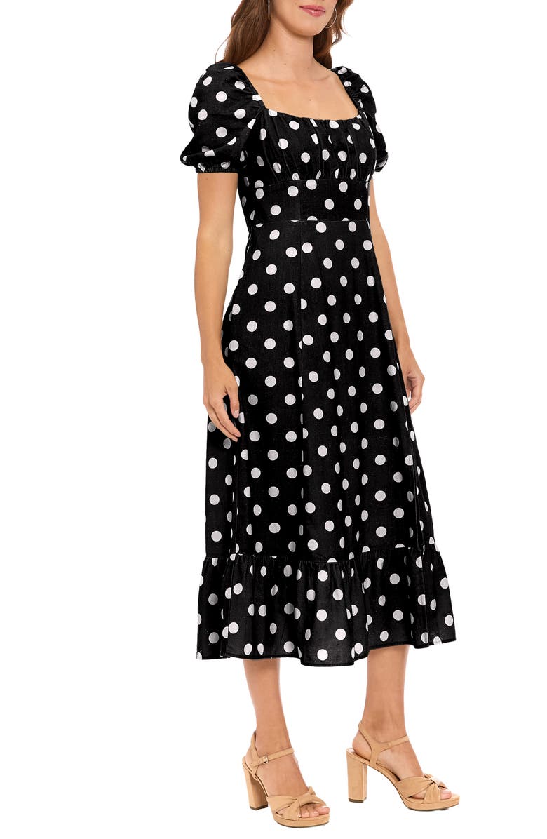 London Times Puff Sleeve Linen Blend Midi Dress, Alternate, color, Black/ Cream