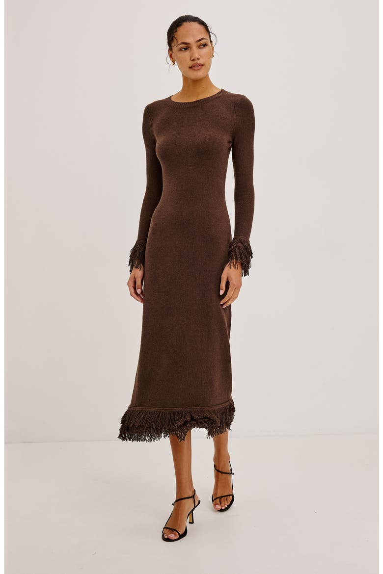 Alejandra Fringe Long Sleeve Midi Dress, Alternate, color, ESPRESSO