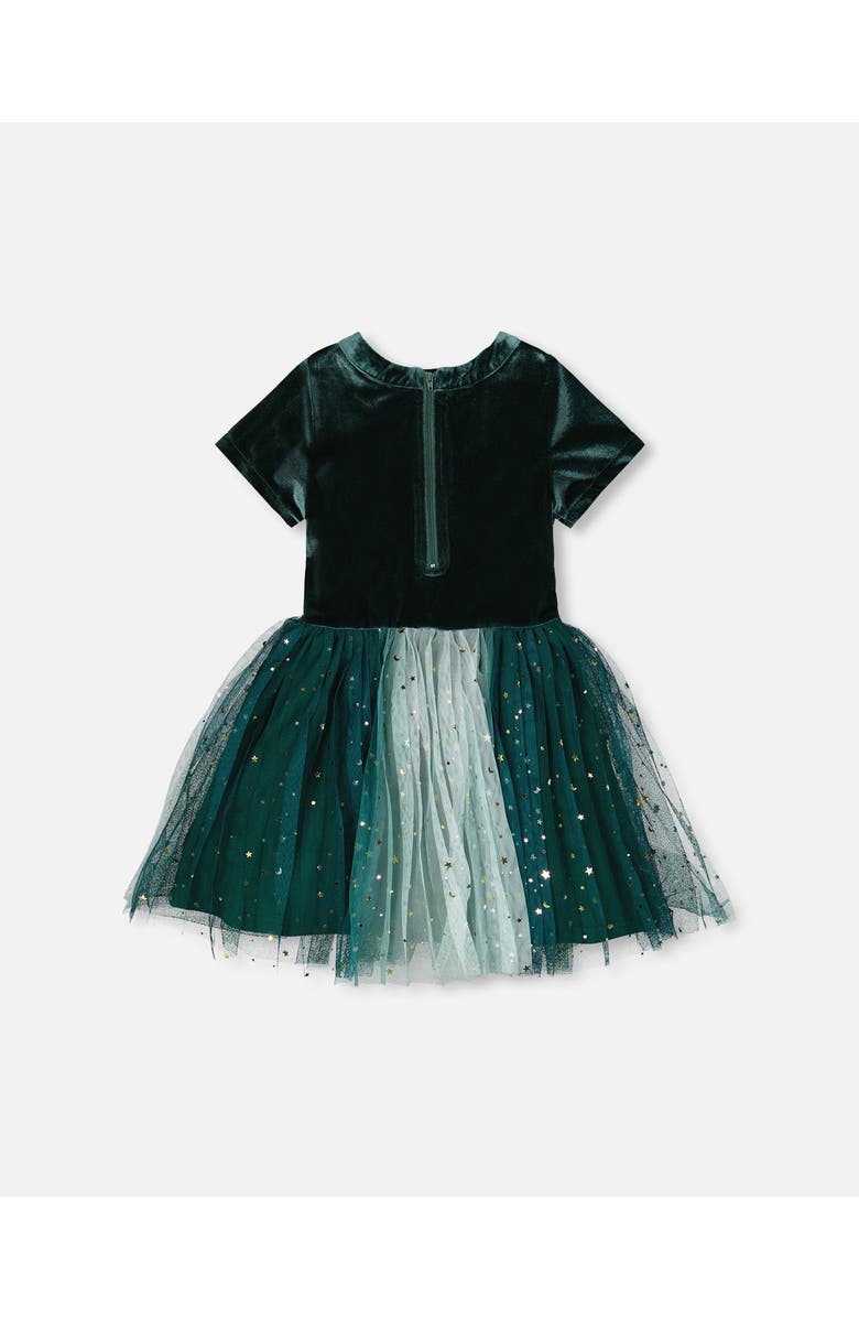 Deux par Deux Bi-Material Short Sleeve Party Dress, Alternate, color, Forest Green