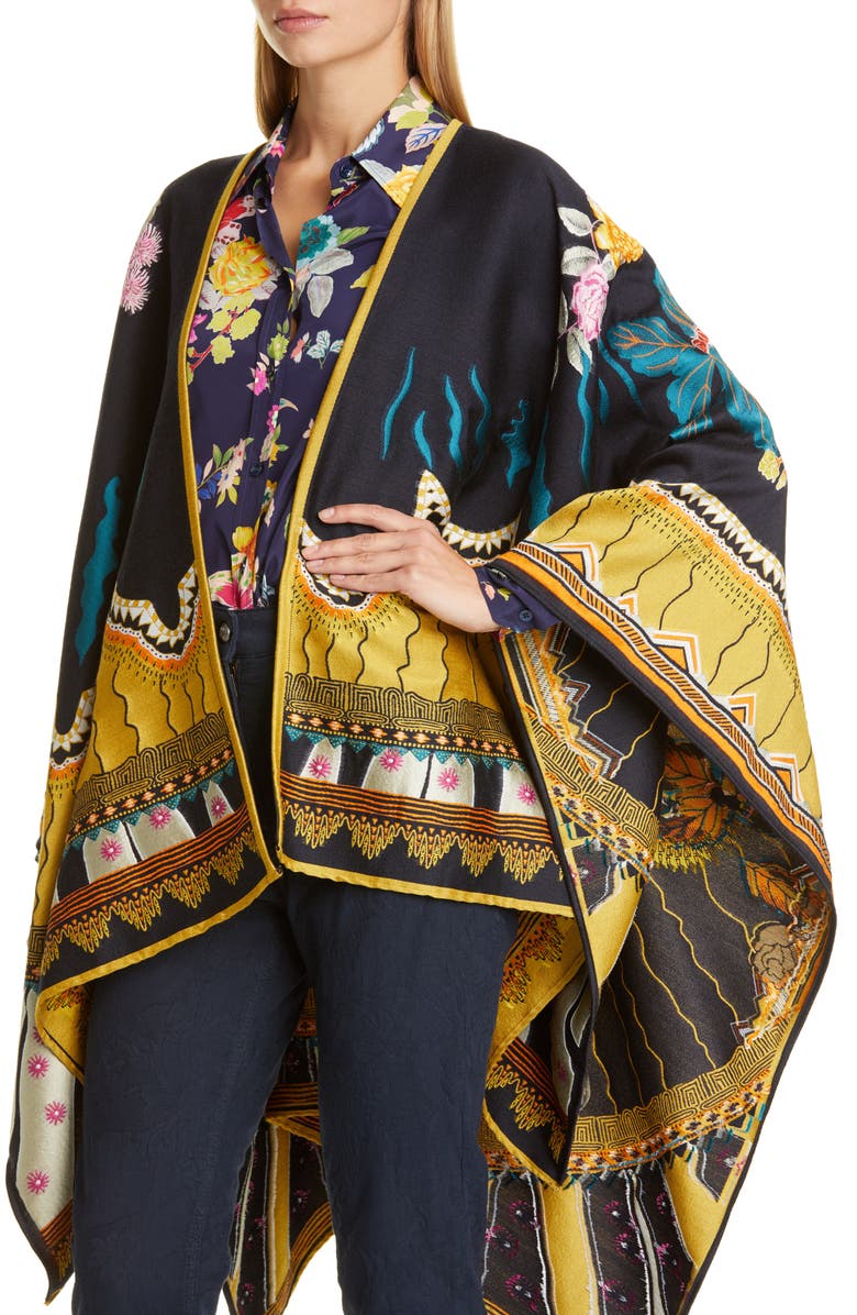 Etro Jacquard Wool Blend Open Front Poncho, Alternate, color, 