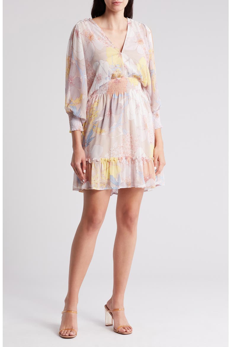 Open Back Long Sleeve Dress, Main, color, NATURAL/ BLUE