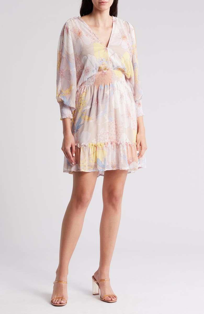 Lovestitch Open Back Long Sleeve Dress, Main, color, Natural/ Blue