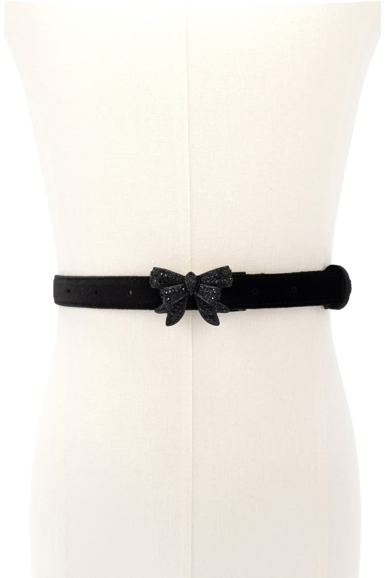 Crystal Embellished Bow Velvet Belt, Alternate, color, BLACK/ ANT BRASS