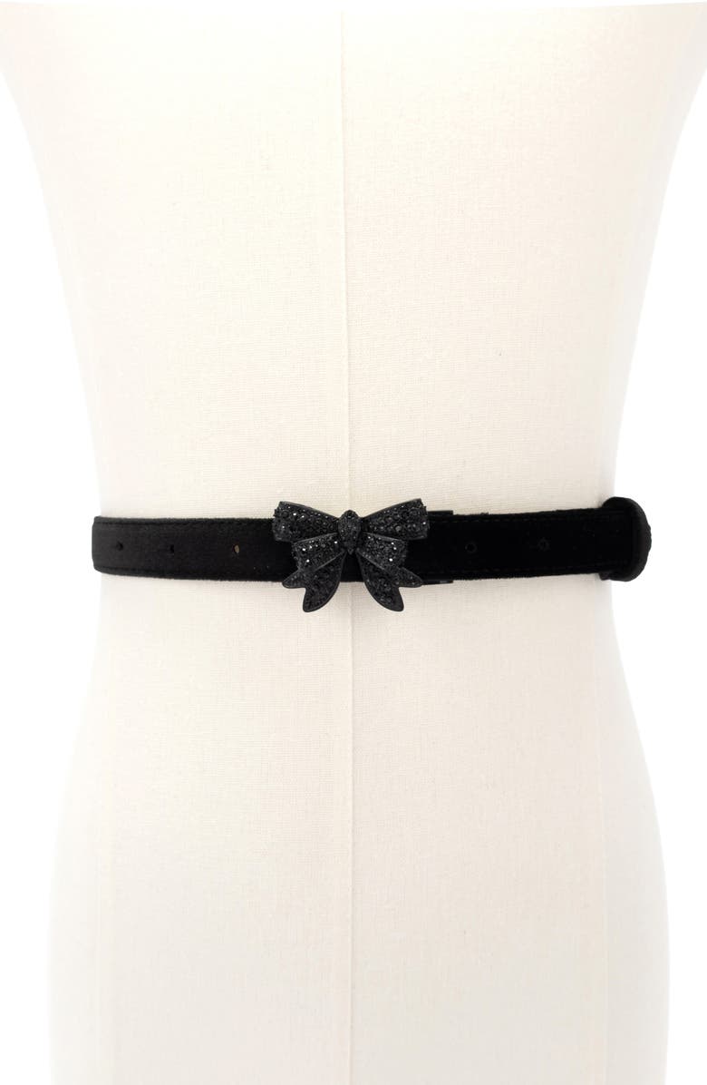 Kurt Geiger London Crystal Embellished Bow Velvet Belt, Alternate, color, Black/ Ant Brass