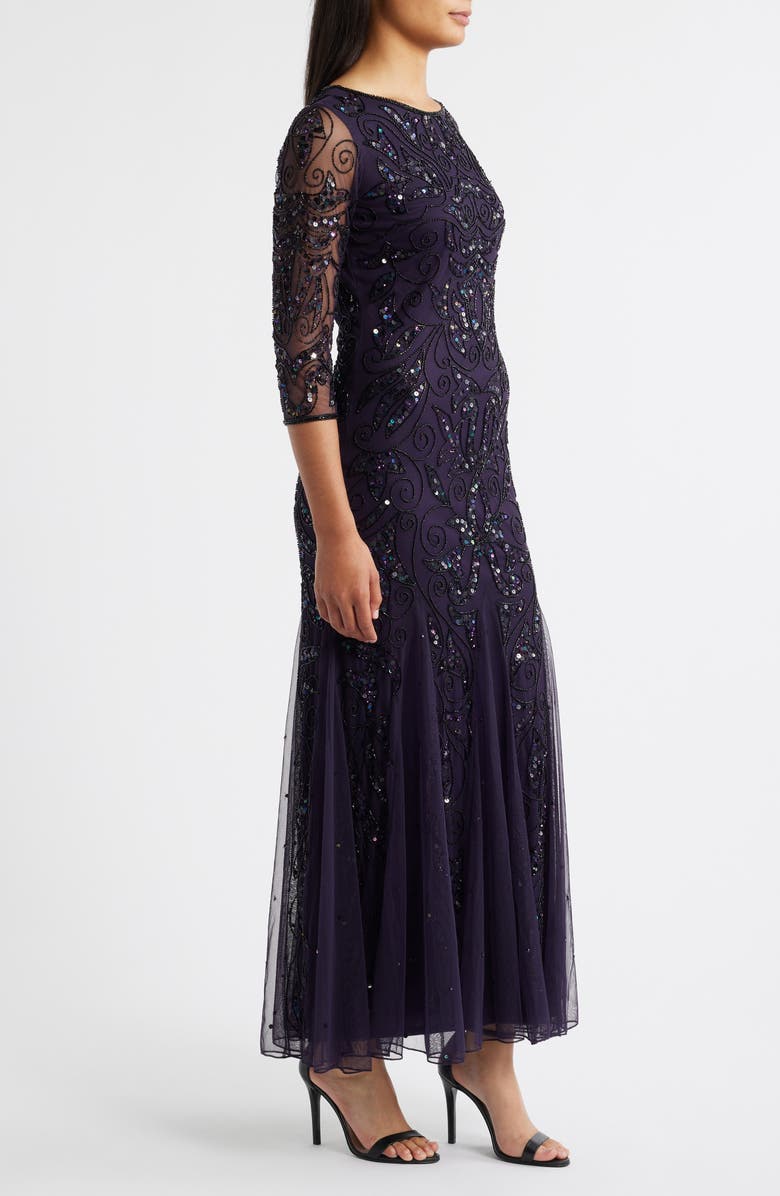 Illusion Sleeve Beaded A-Line Gown