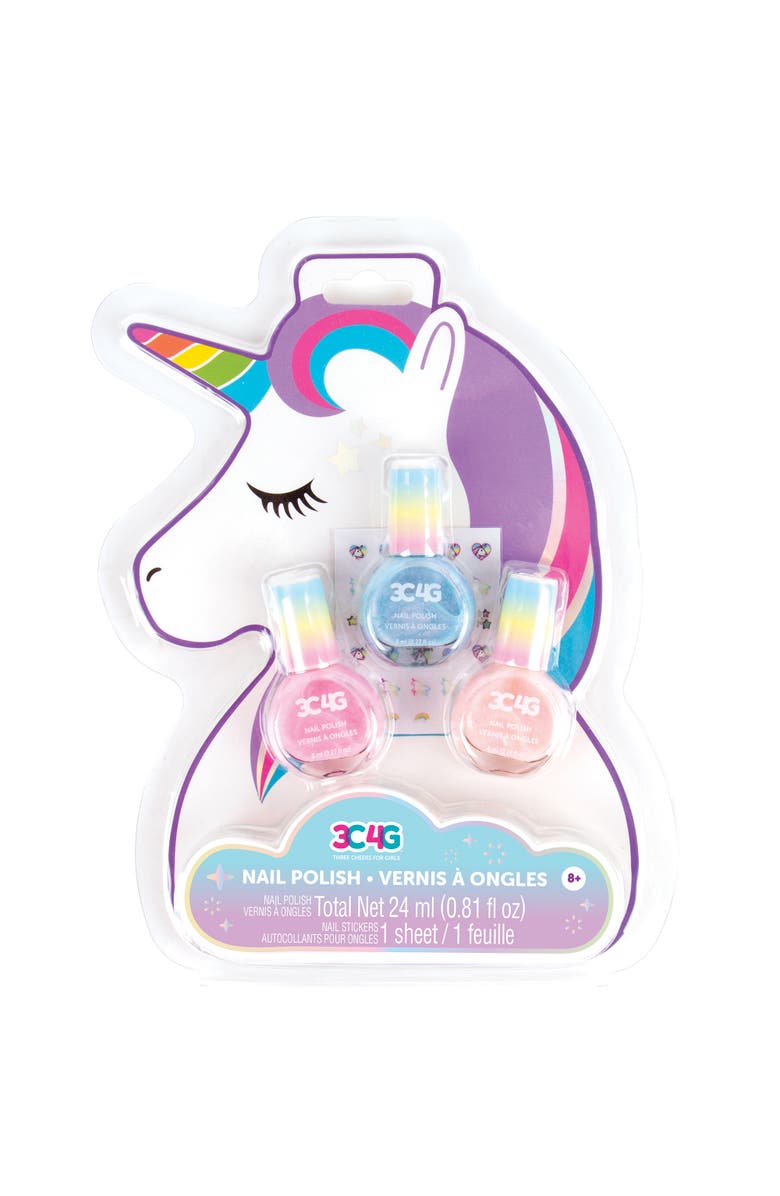 Three Cheers For Girls 3C4G Unicorn Shimmer Trio Nail Polish Set 3 Bottles W/ Nail Stickers, Main, color, Multicolored