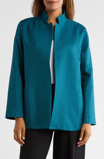 Eileen Fisher Textured Silk Open Front Jacket In Blue