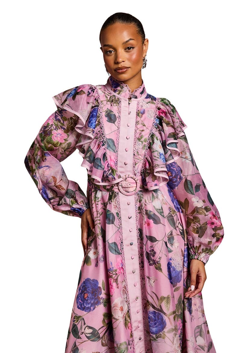 Petite Organza Trim Printed Midi Dress, Alternate, color, Pink