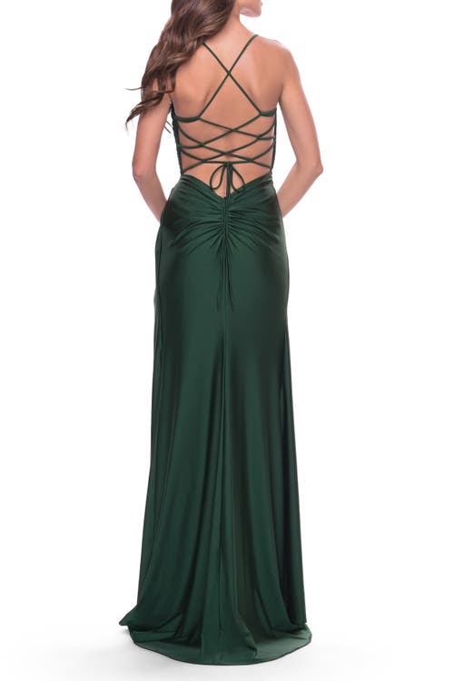 La Femme Cut Out Jersey Dress With High Slit In Emerald