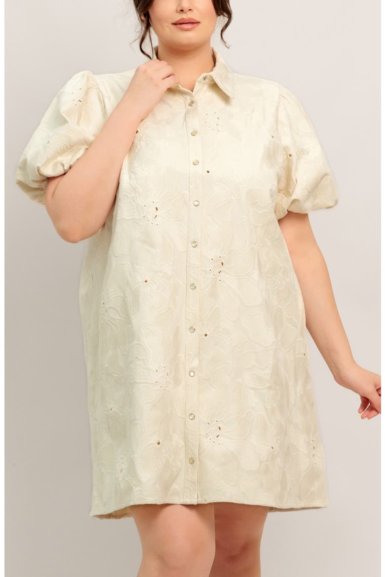 Floral Textured Puff Sleeve Cotton Shirtdress, Alternate, color, CREAM