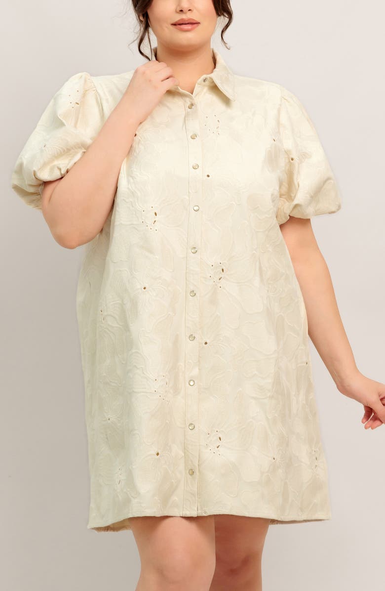 FLYING TOMATO Floral Textured Puff Sleeve Cotton Shirtdress, Alternate, color, Cream