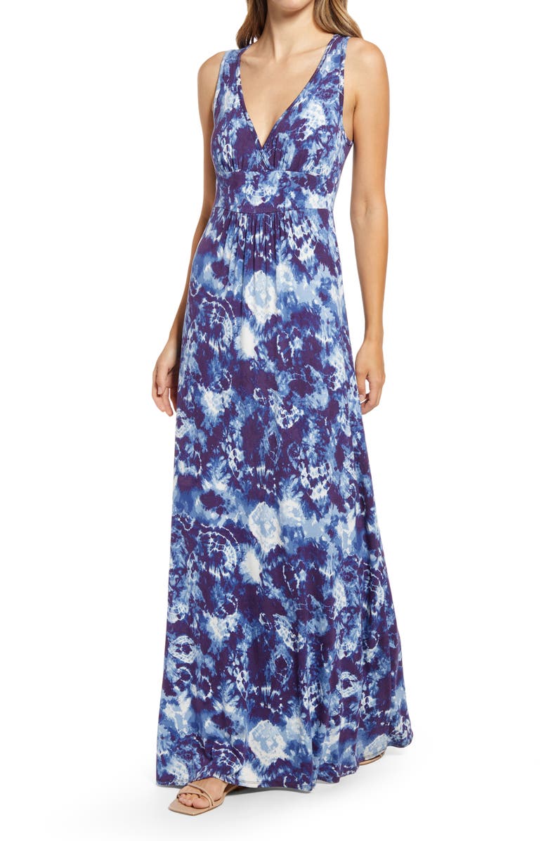 Loveappella Tie Dye Print V-Neck Jersey Maxi Dress, Main, color, 