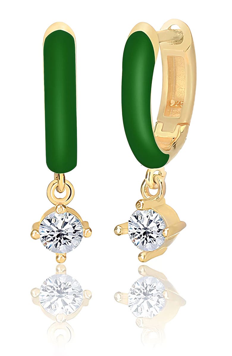 GABI RIELLE 14K Gold Plated Sterling Silver Cubic Zirconia Drop Enamel Huggie Hoop Earrings, Main, color,