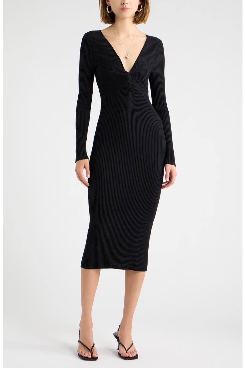 Knot Front Long Sleeve Sweater Dress, Main, color, BLACK