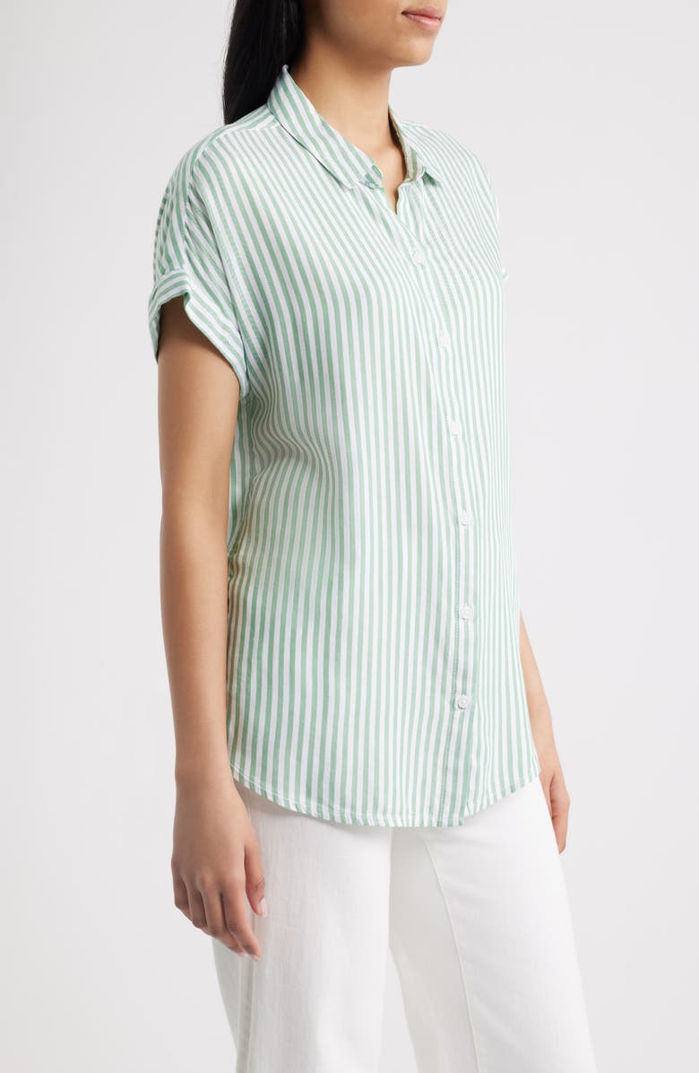 beachlunchlounge Kenzie Stripe Short Sleeve Button-Up Shirt, Alternate, color, Green Sage