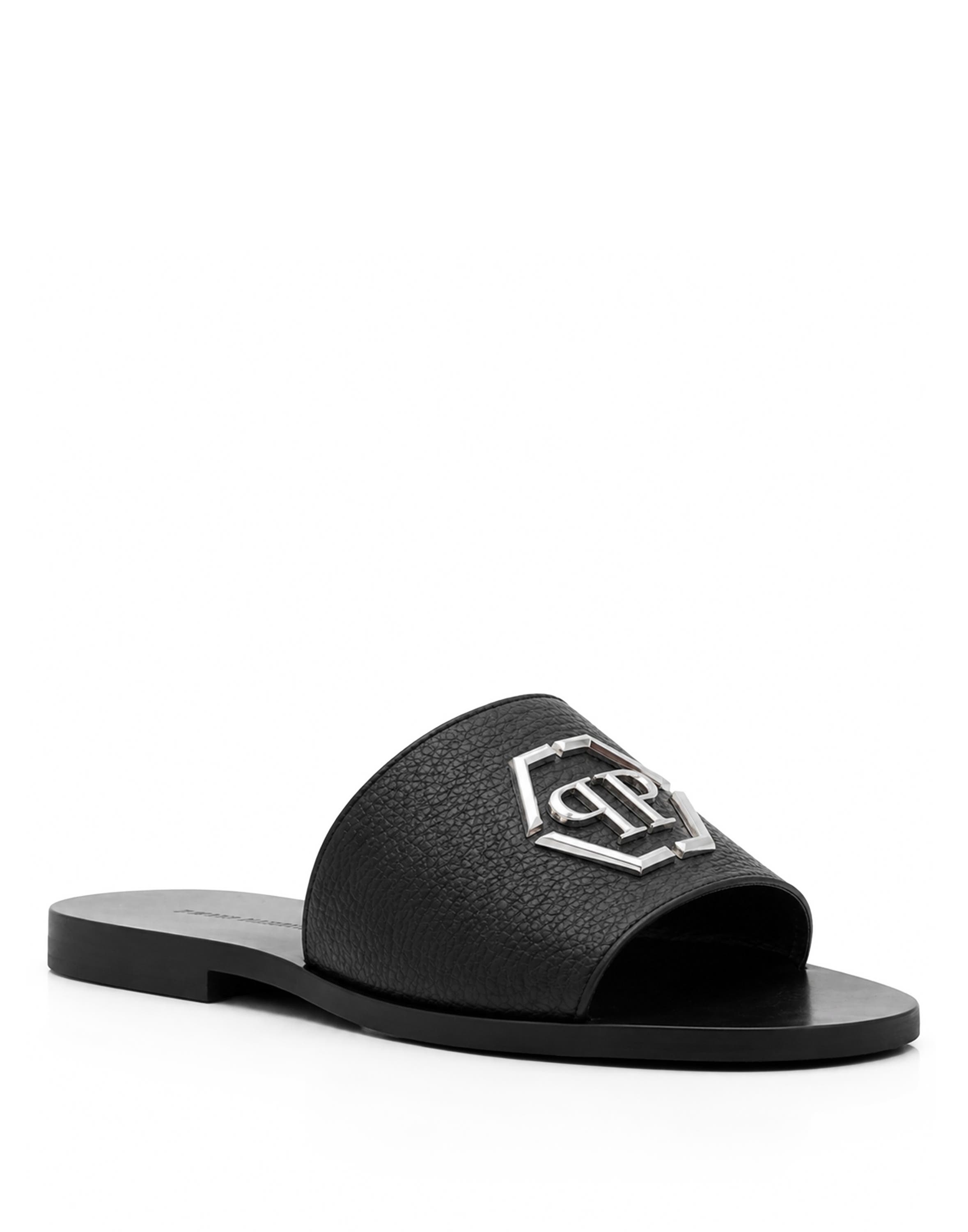 Leather Sandals Big Hexagon Men, Main, color, black