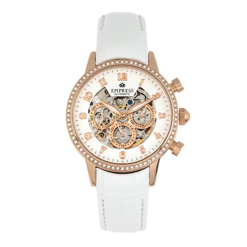Beatrice Automatic Skeleton Dial Leather-Band Watch with Day & Date