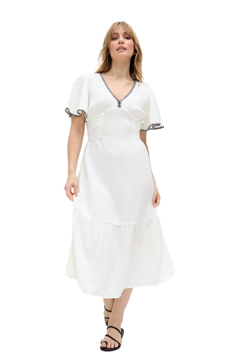 Delilah V-Neck Front Tie Midi Dress, Alternate, color, Ecru