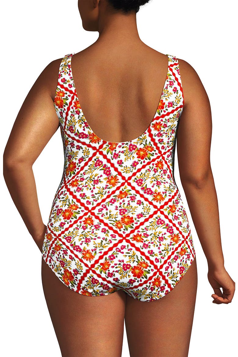 Tugless Low Leg One Piece Swimsuit, Alternate, color, White/Orange Scarf Floral