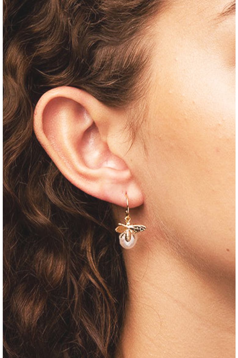 Sterling Silver 18k Gold Plated Bee Pearl Necklace & Earring Set Dainty, Alternate, color, Gold