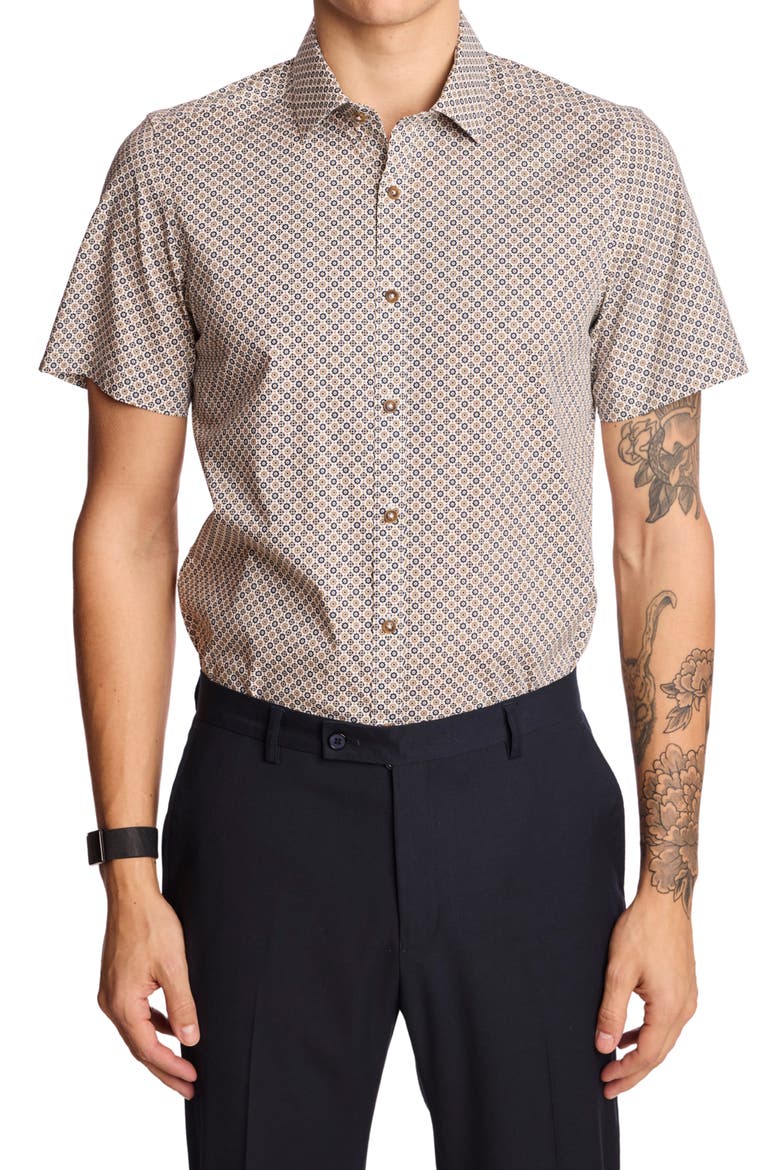 Sawyer Short Sleeve Stretch Cotton Button-Up Shirt, Main, color, NAVY TAN FLORAL