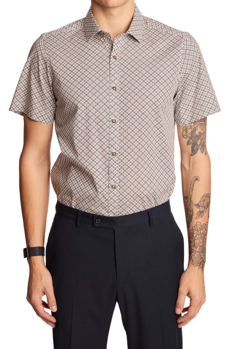 PAISLEY & GRAY Sawyer Short Sleeve Stretch Cotton Button-Up Shirt, Main, color, Navy Tan Floral