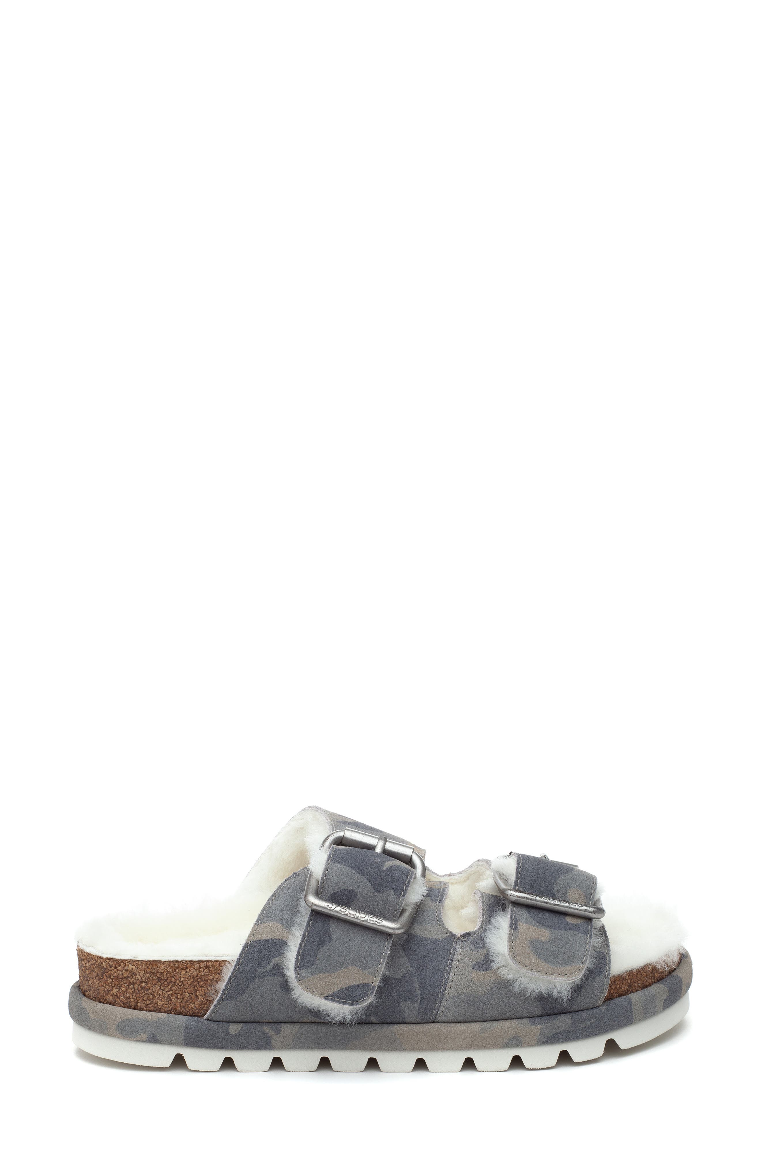 Lynx Genuine Shearling Double Buckle Sandal, Alternate, color, OFF WHITE CAMO SUEDE