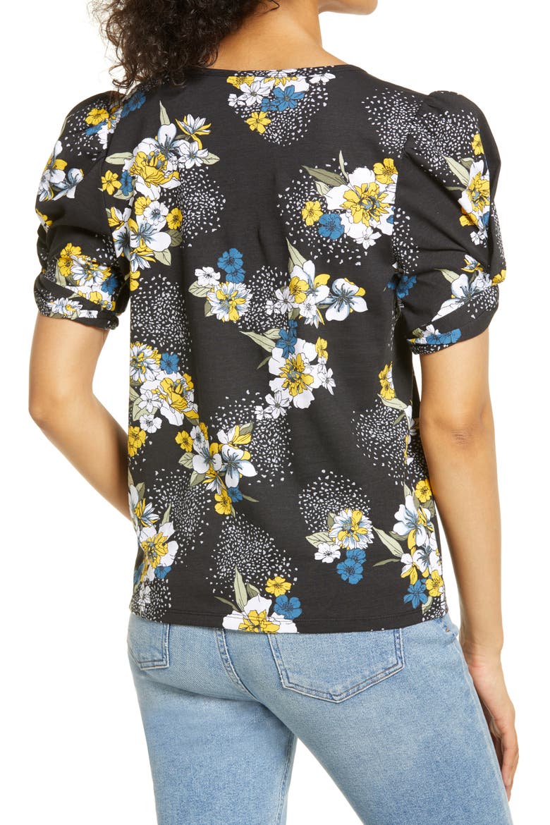 Print Puff Sleeve Cotton T-Shirt, Alternate, color, BLACK FLORAL