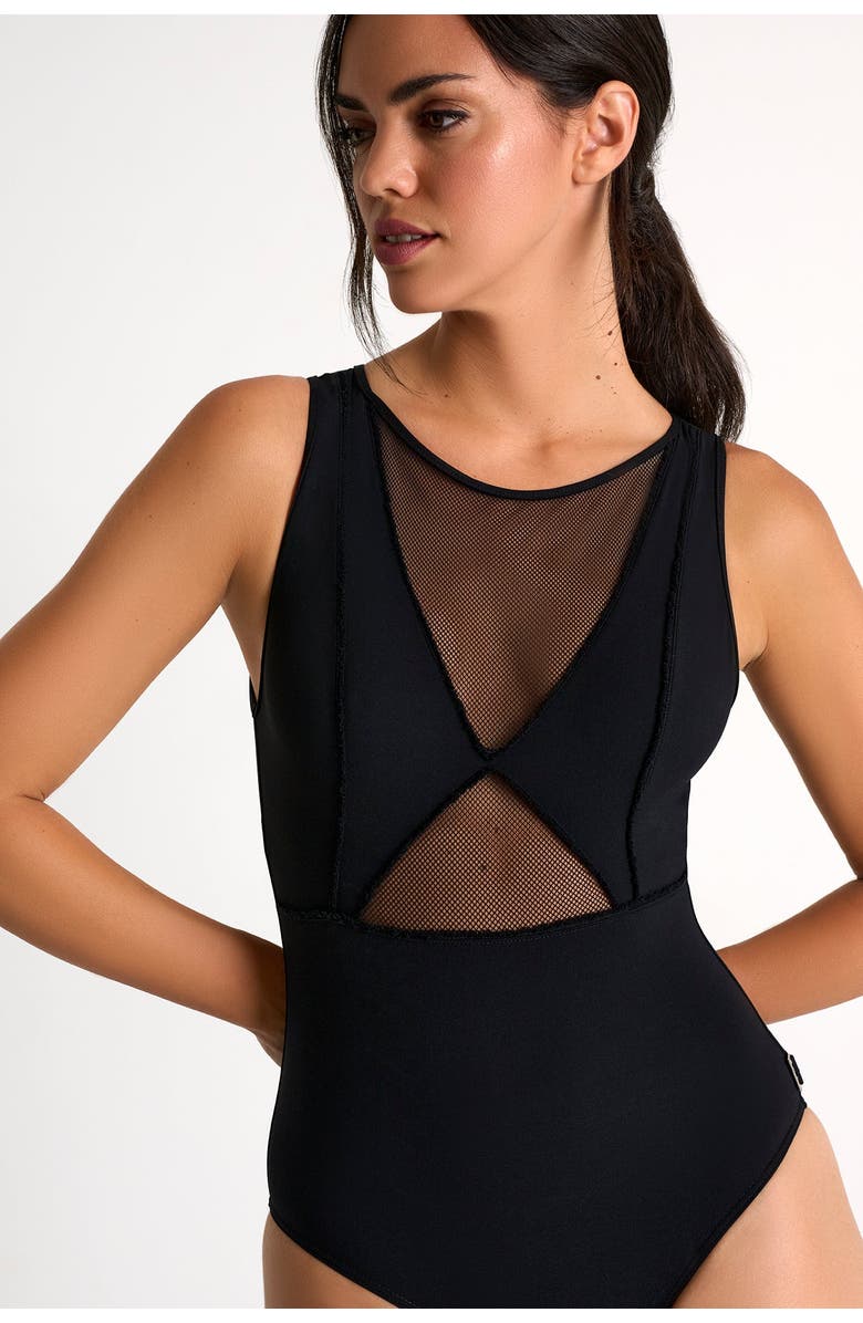 SHAN High-neck grid mesh One-Piece, Alternate, color, Black