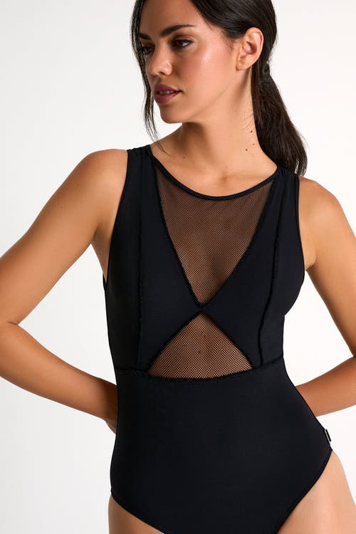 Shan High-neck Grid Mesh One-piece In Black