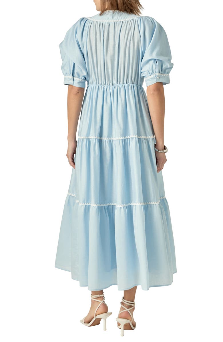 English Factory Embroidered Puff Sleeve Tiered Midi Dress, Alternate, color, Powder Blue/ White
