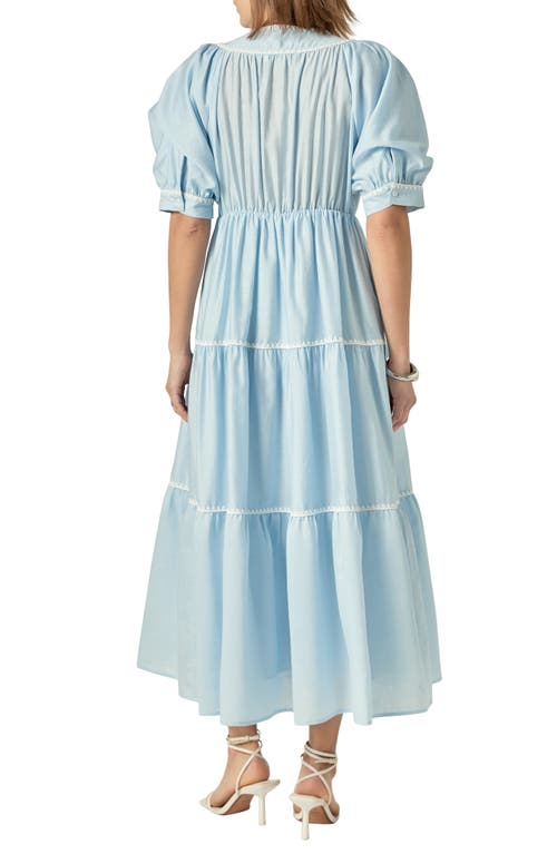 Shop English Factory Embroidered Puff Sleeve Tiered Midi Dress In Powder Blue/white