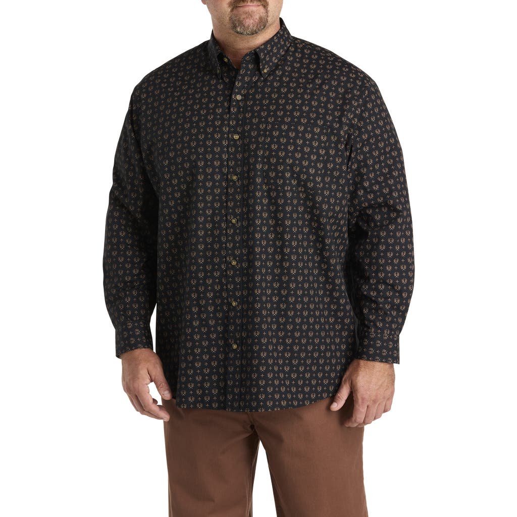 Harbor Bay By Dxl Big & Tall Easy-care Leaf Print Sport Shirt In Black