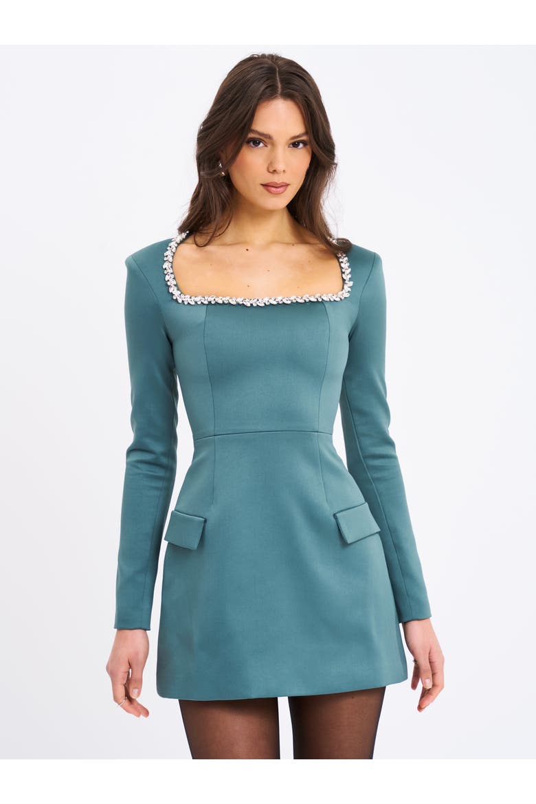 Gabella Long Sleeve A-line Mini Dress with Crystal Trim, Alternate, color, Dark Green