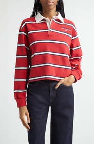 Sporty & Rich Nautical Embroidered Stripe Crop Rugby Polo