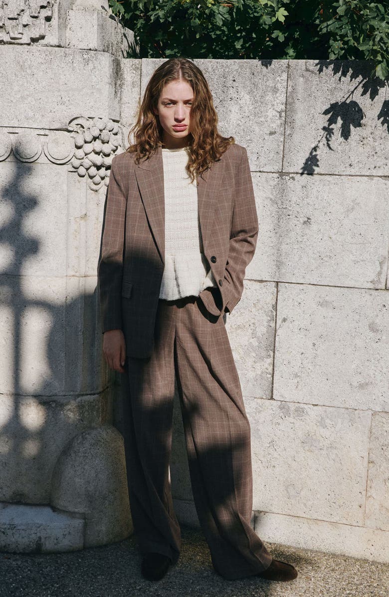 MANGO Check Wide Leg Suit Pants, Alternate, color, Medium Brown