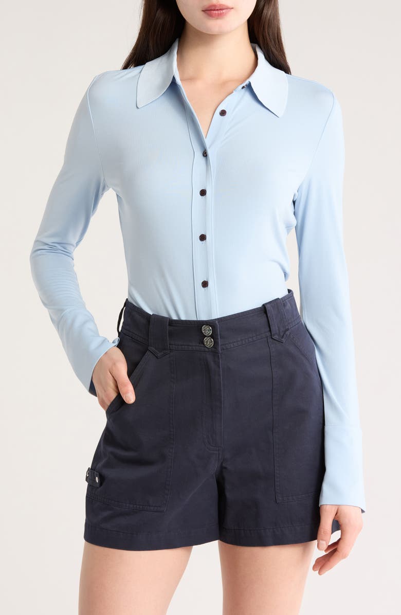 Derek Lam 10 Crosby Ulla Long Sleeve Knit Button-Up Shirt, Main, color, Ciel