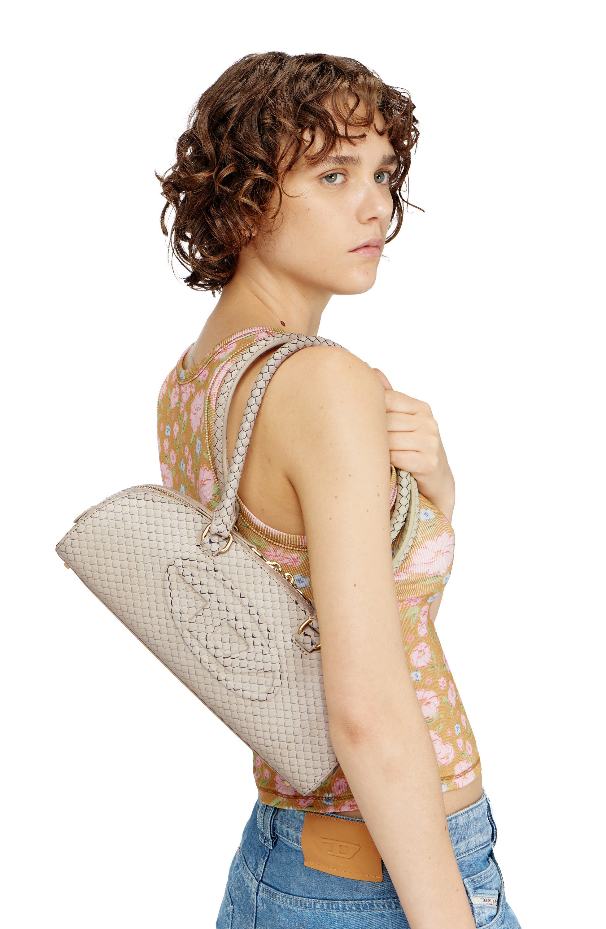 DIESEL<sup>®</sup> 1DR Dome Snakeskin Embossed Leather Shoulder Bag, Alternate, color, Khaki