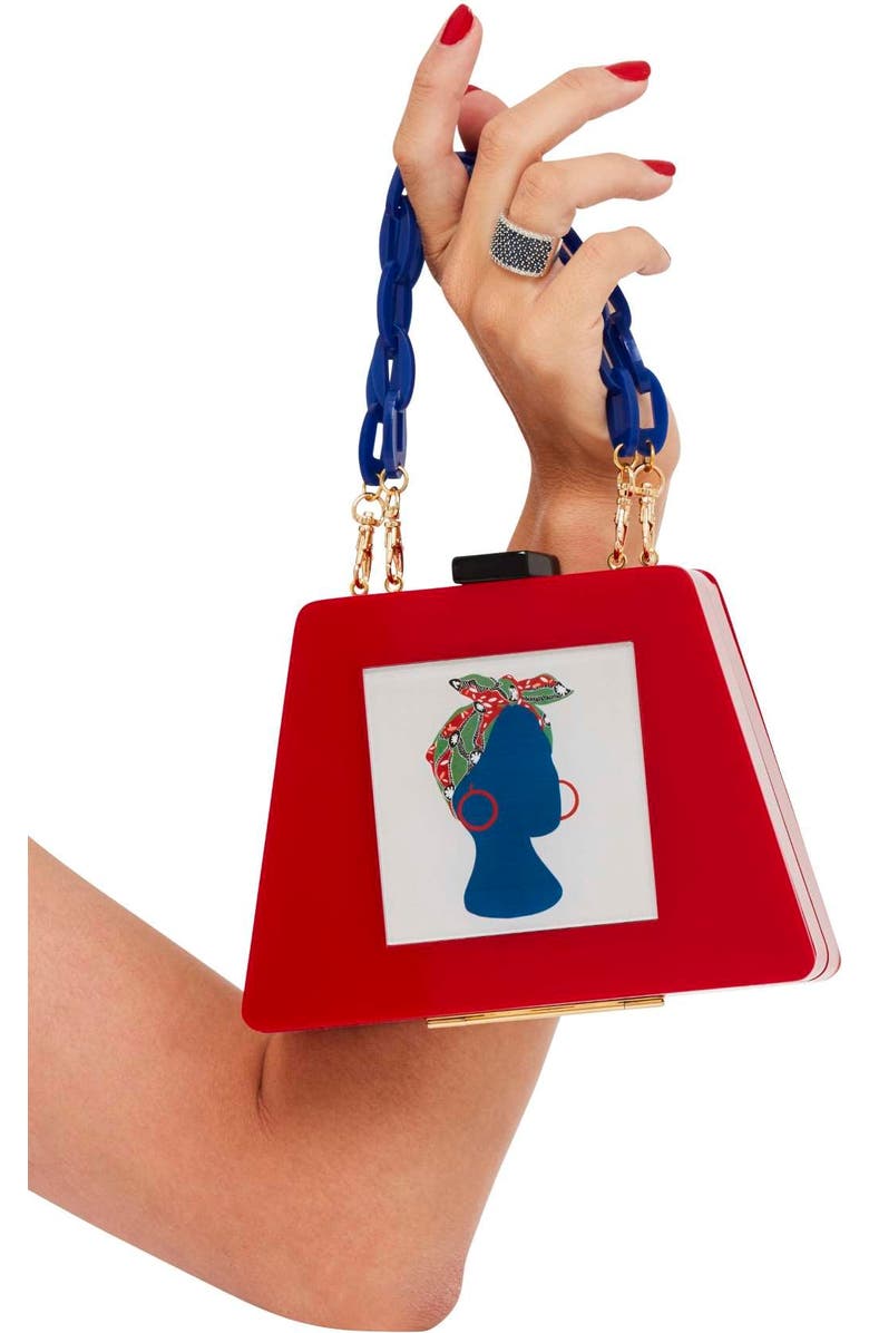 LarAllan Babi Acrylic Triangular Box Clutch w/strap, Alternate, color, Red