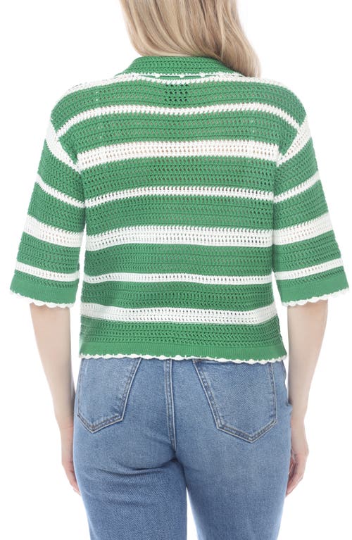 Rain And Rose Striped Open Stitch Polo In Green/white