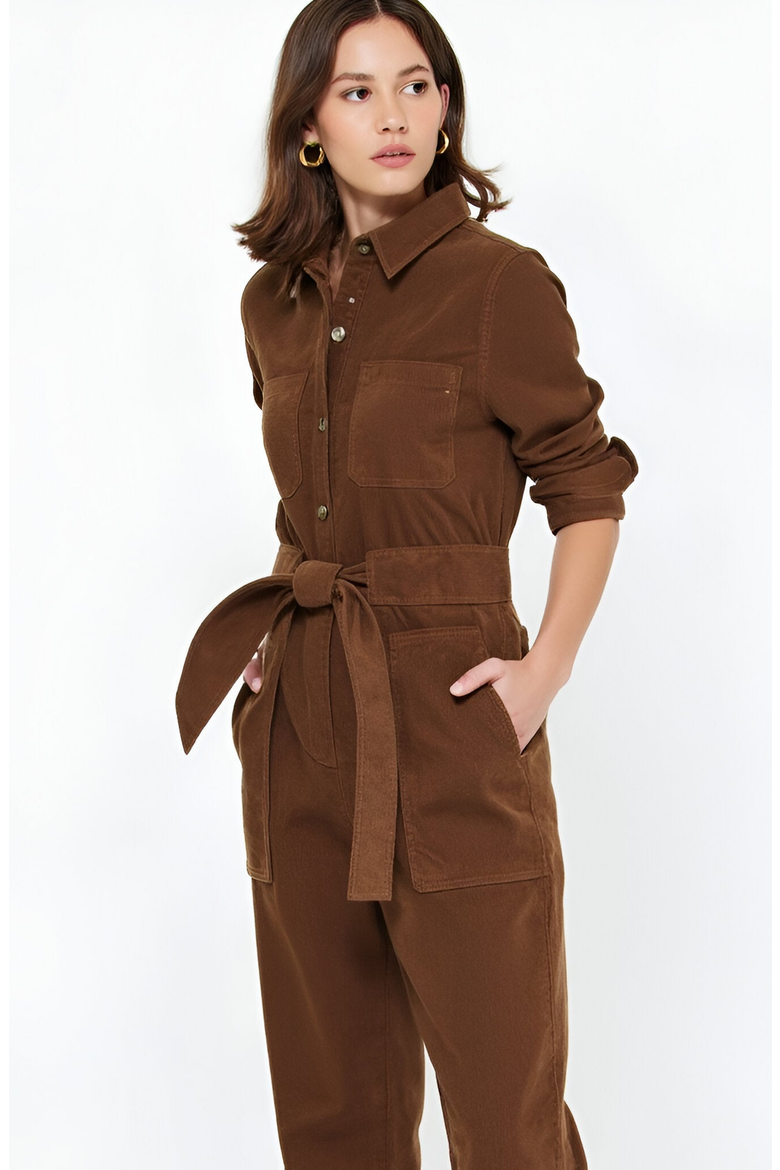 Ribbed Long-Sleeve Jumpsuit with Patch Pockets, Alternate, color, Brown